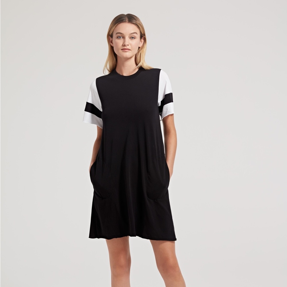 ATM Womens Classic Jersey Striped Sleeve Crew Neck Dress